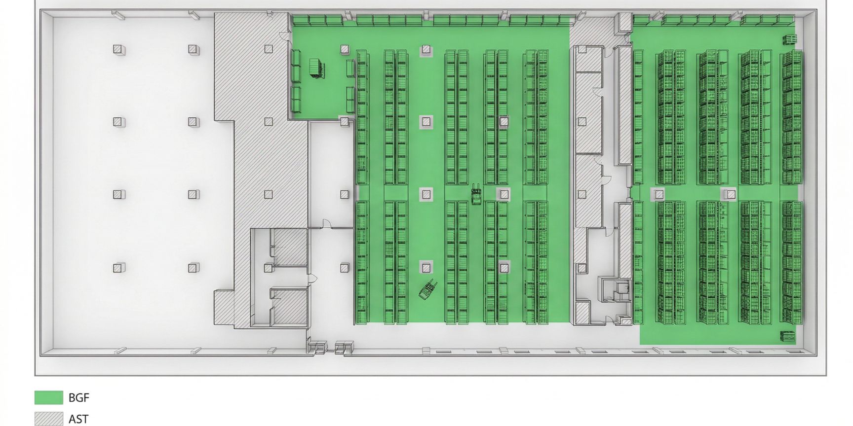 Detaillierter Lager-Grundriss zeigt grün markierte Netto-Lagerfläche und rot markierte nicht nutzbare Bereiche wie Pfeiler und Technik. Optimiert für Logistikplanung.